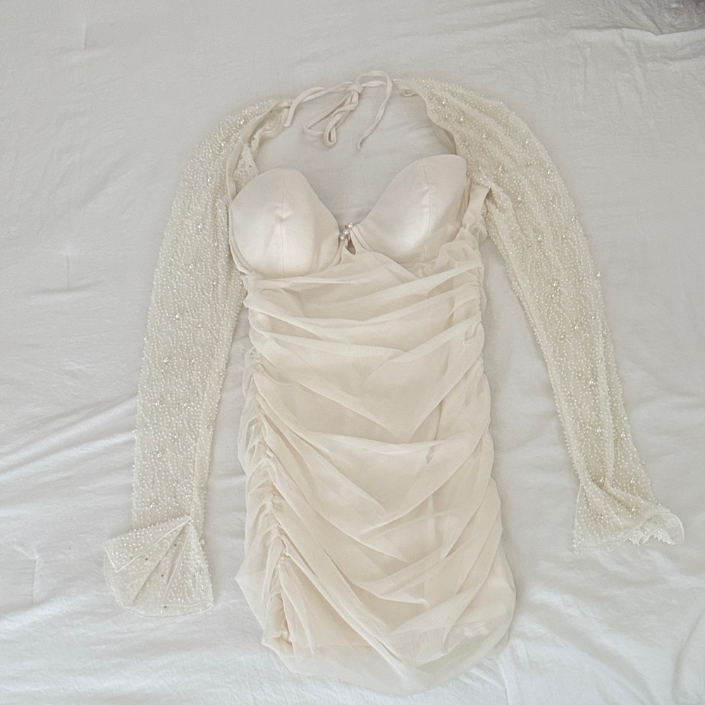 Oh Polly Cream Mini Dress with Pearl Sleeves